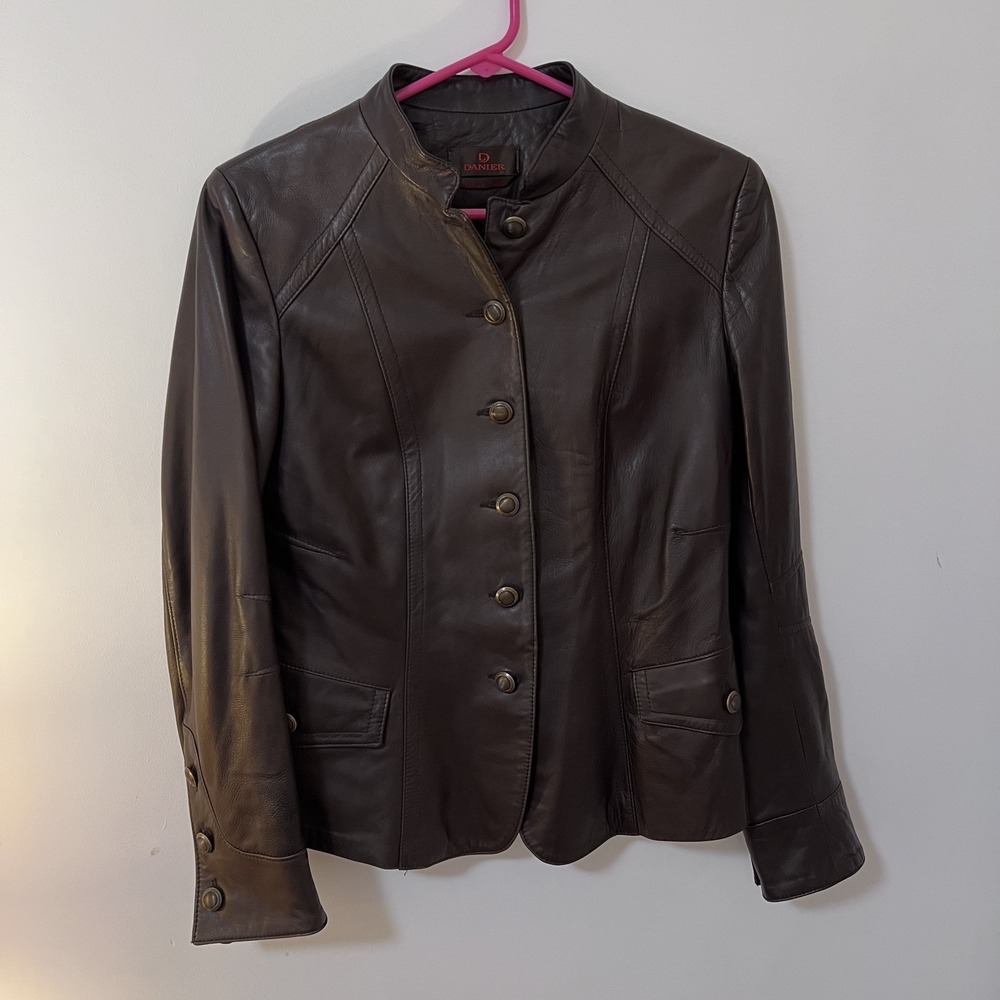 Danier Women's Italian Leather Jacket Brown Button Front Mandarin Collar